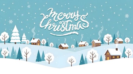 Fototapeta premium Merry christmas winter village scene with snow covered houses and trees on a blue background with snowflakes and festive decorations