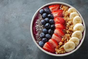 Bowl of assorted fruit including bananas and strawberries with granola on a wooden table