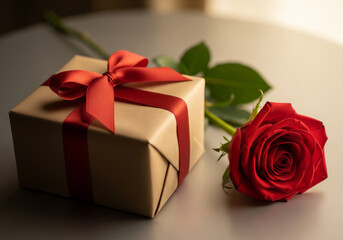テーブルの上に置かれたクラフト紙のギフトボックスと一輪の赤いバラ