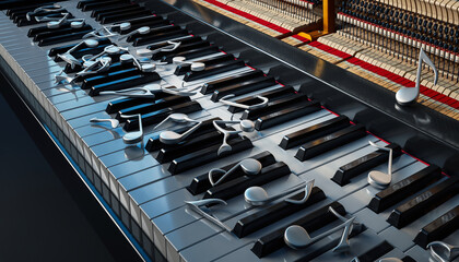 Piano keys with musical notes placed on the keyboard, showcasing musical elements.