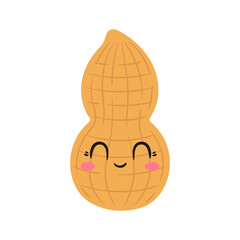Cute peanut character cartoon, smiling face, emotions joy happiness icon, kawaii style, vector illustration.