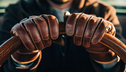 Person wearing leather gloves gripping a wooden steering wheel.