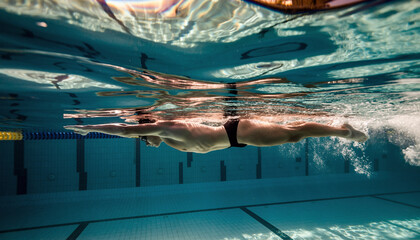 Person swimming underwater in a swimming pool, performing a streamlined stroke.