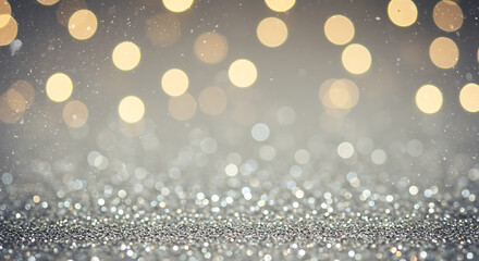 Silver glitter background with golden bokeh lights