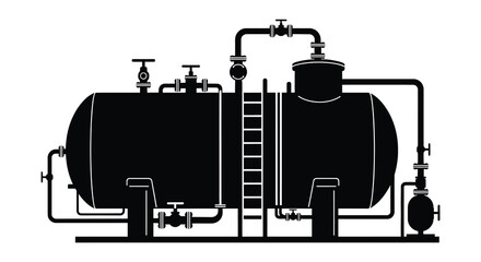 industrial pressure vessel with complex piping and valves shown as a dark silhouette