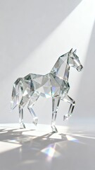 A translucent geometric crystal horse sculpture illuminated by a focused light source casting vibrant rainbow-like reflections on the surface below.