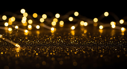 Golden christmas lights and glitter on black background