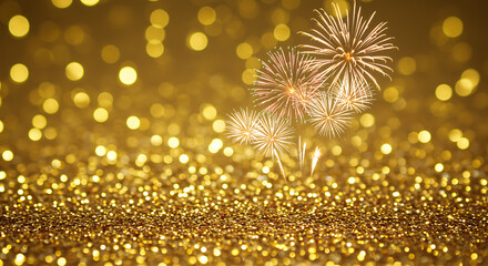 Golden fireworks explosion on glittering background