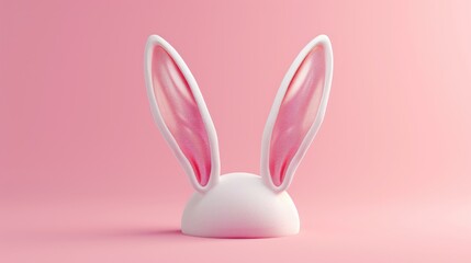White bunny head with pink inner ears sitting on a pink background.
