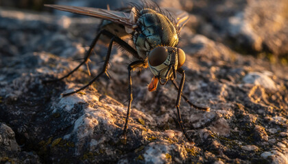 Close-up of a fly with detailed features resting on a rough surface.