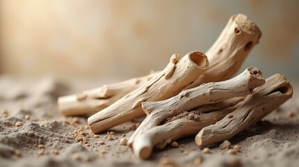 Dry wood pieces on sand driftwood branches