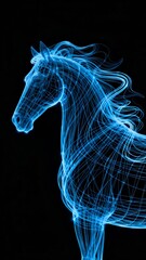 A luminous blue wireframe horse stands in profile against a stark black background its flowing mane and detailed musculature highlighted by intricate light patterns.