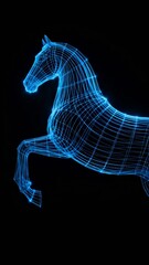 A dynamic digital wireframe illustration of a rearing horse illuminated in vibrant blue against a stark black background showcasing intricate geometric patterns and motion.