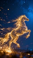 A majestic horse composed of golden sparks gallops through a starry night sky leaving a trail of luminous particles behind.