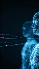 A digital representation of a human figure with glowing lines and nodes symbolizing connectivity and advanced technology.