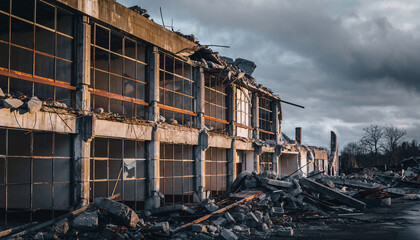 Fototapeta premium Damaged building with broken windows and debris after destruction or disaster.