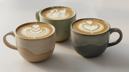 Freshly brewed artisan latte trio with intricate leaf swan and heart foam art in rustic ceramic cups on minimal surface with rising steam and warm tones