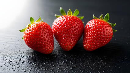 Fresh strawberries on black background with water droplets