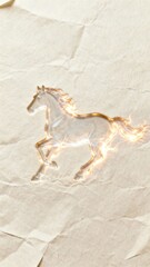 A glowing ethereal horse silhouette gracefully prances across a textured crumpled paper background evoking a sense of motion and artistic elegance.