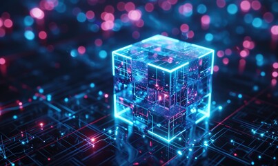 Glowing blue and pink cube sits atop a complex network of illuminated circuit lines