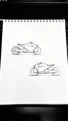 Two detailed pencil sketches of futuristic motorcycles on a spiral-bound sketchpad showcasing sleek designs and aerodynamic features.