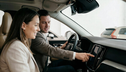 Young couple, a woman and a man, exploring car features inside a modern vehicle, showcasing technology and interaction in a bright showroom environment