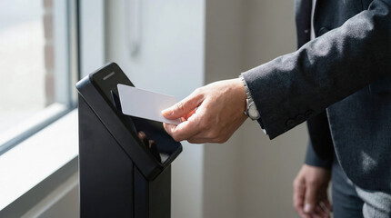 Business professional in a suit using a contactless card reader at an office entrance, showcasing modern technology and secure access control in a professional environment