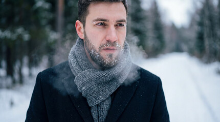 Young man with a beard, dressed in a dark coat and gray scarf, stands outdoors in a snowy forest, exhaling steam in the cold winter air, capturing a serene moment