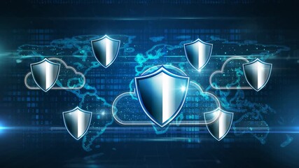 Cloud computing security concept with digital shield icons world map background, representing data protection, privacy, safe online network infrastructure, and global technology, symbolizing cyber - Powered by Adobe