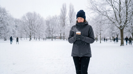 Woman in winter attire holding a warm beverage, standing in a snowy park surrounded by trees, enjoying the serene atmosphere of a cold day in nature