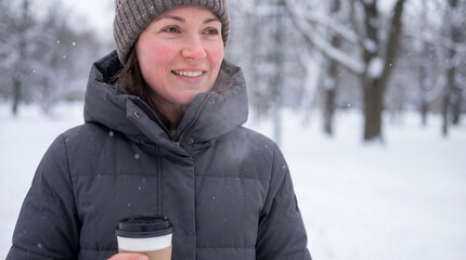Woman with brown hair wearing a gray winter coat and hat, holding a coffee cup, smiles in a snowy park, surrounded by trees, enjoying a cold winter day with a cheerful expression