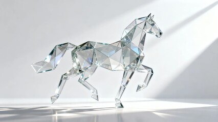 A translucent geometric crystal horse sculpture in mid-gallop illuminated by soft light against a minimalist white background.