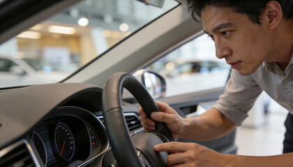 Asian man focused on inspecting car dashboard in a modern automotive showroom, showcasing attention to detail and professionalism in vehicle maintenance and assessment