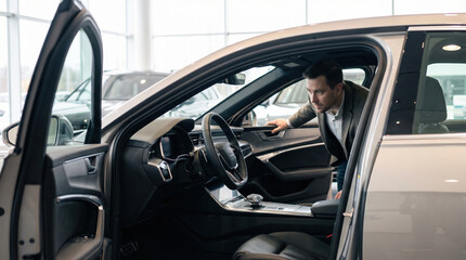 Man inspecting interior of modern car in showroom, showcasing sleek design, high-tech features, and luxurious materials, emphasizing automotive innovation and consumer experience