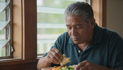 Hispanic man enjoying a meal at a wooden table, holding a tortilla, with natural light streaming through the window, creating a warm and inviting atmosphere for dining experience