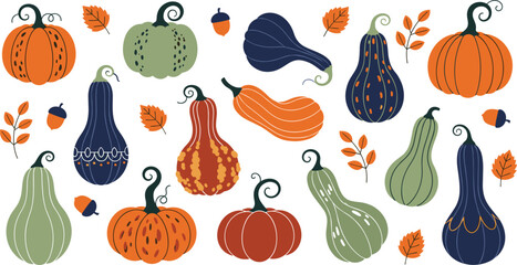 Autumn pumpkin and squash illustration set with decorative gourds, fall leaves, and harvest vegetables in flat vector style © Sumon Creative