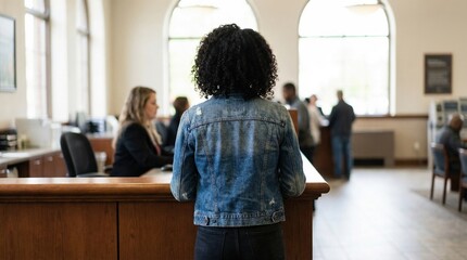 African American woman with curly hair wearing denim jacket stands at reception desk, observing busy office environment with people engaged in various activities