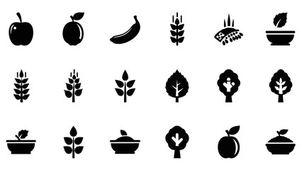 A collection of black silhouette icons depicting various fruits, grains, leaves, and food bowls, representing healthy eating and natural elements.