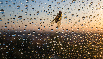 Fly on a window with raindrops during sunset.