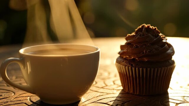 Gentle steam rising off a hot beverage cup placed beside a rich dark chocolate cupcake on a patterned wooden table bathed in warm golden hour light golden, morning, warm