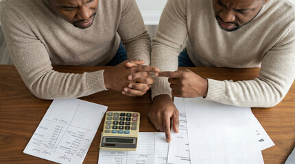 Two african american men in beige sweaters are discussing financial documents at a wooden table, with a calculator and papers, illustrating a serious financial conversation