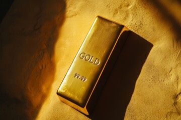 Gold bar resting on a textured wall surface in a well-lit environment