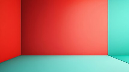 Interior view of a room featuring red and green colors with a prominent red wall