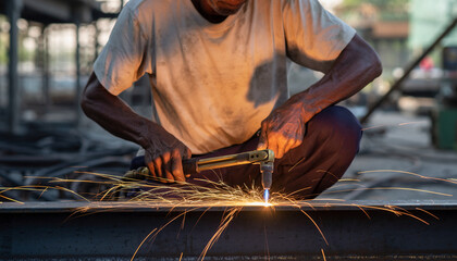 Person welding metal, producing sparks in an industrial setting.