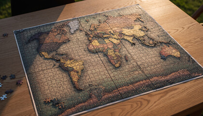 Incomplete world map puzzle on a wooden table with scattered pieces.