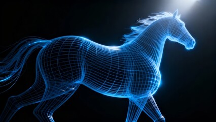 A glowing blue wireframe horse in motion against a dark background illuminated by a bright light source.