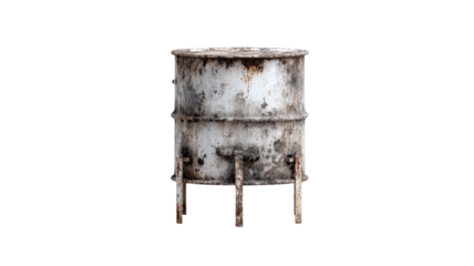 Old rusty barrel weathered metal drum corroded surface industrial container object studio photography isolated on white background