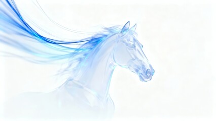 A translucent blue horse with flowing mane and tail captured in a dynamic pose against a soft white background.