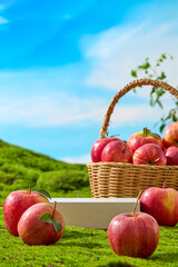 Apples arranged around a basket in a natural environment. The scene emphasizes abundance, freshness, and eco-friendly design. Empty podium for product display