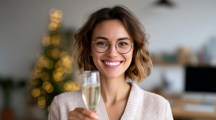 Smiling woman with short brown hair and glasses holding glass of champagne, celebrating indoors with blurred festive background and warm lighting, joyful mood